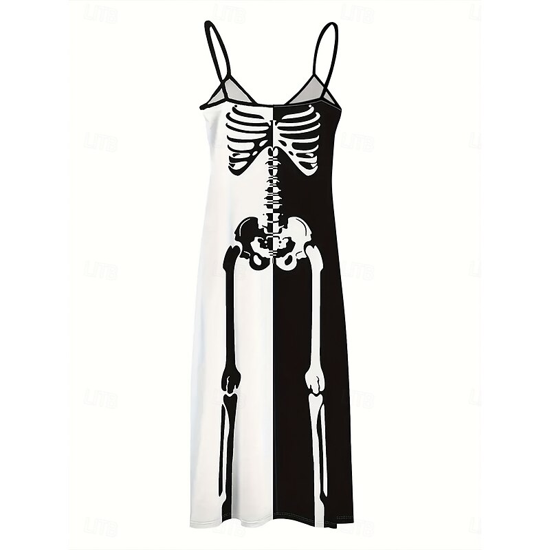 Halloween Women's Skulls Print Maxi Dress Sundress A Line Dress Slip Dress Vacation Casual Home Party Regular Fit Graphic Skull Ethnic Sleeveless V Neck Spaghetti Strap Black And White Fall Winter3