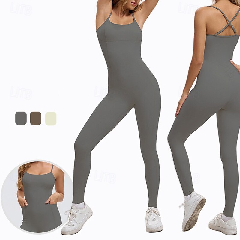 Women's Workout Jumpsuit One Piece Romper Fall Cross Back Solid Color Bodysuit rice white Coffee Gym Pilates Yoga Tummy Control Sleeveless Sport Activewear Tight Fit
