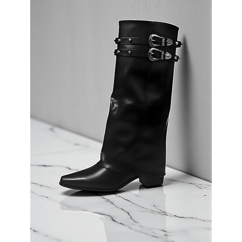 Women's Brown Knee-High Boots with Fold-Over Shaft Design and Double Buckle Straps, Stylish Urban Fashion Footwear3