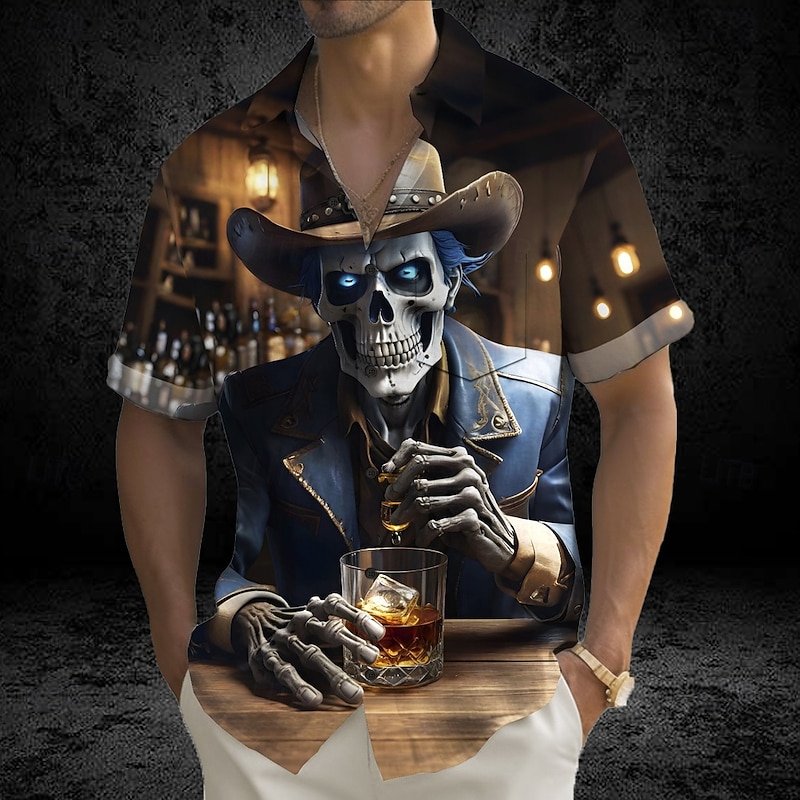 Halloween Men's Skull Death Halloween Costumes Shirt Summer Shirt Button Up Shirt Short Sleeve Dark Gothic Style Holiday Summer Spring Turndown 3D Print Collared Shirts Front One Pocket Brown Dark