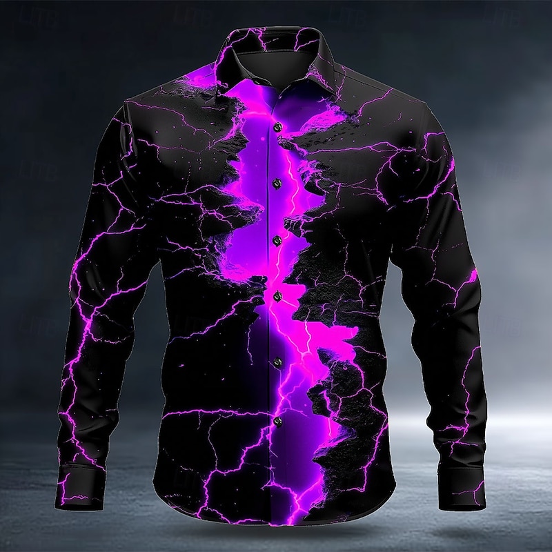 Halloween Men's Optical Illusion Lightning Shirt Button Up Shirt Long Sleeve Dark Punk Gothic Style Outdoor Holiday Summer Spring Turndown 3D Print Collared Shirts Blue Purple Orange Green3