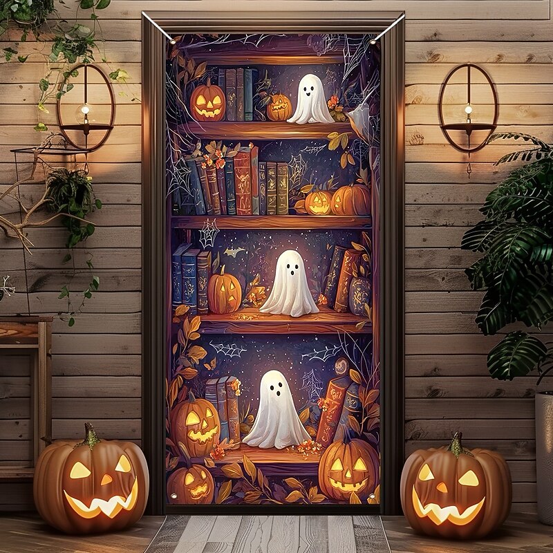 Halloween Door Cover Outdoor Banners Pumpkin Bookshelf Boo 3D Psychedelic Dark Punk Gothic Style Party Outdoor Shooting Backgrounds Front Door Wall Porch Home Decor3
