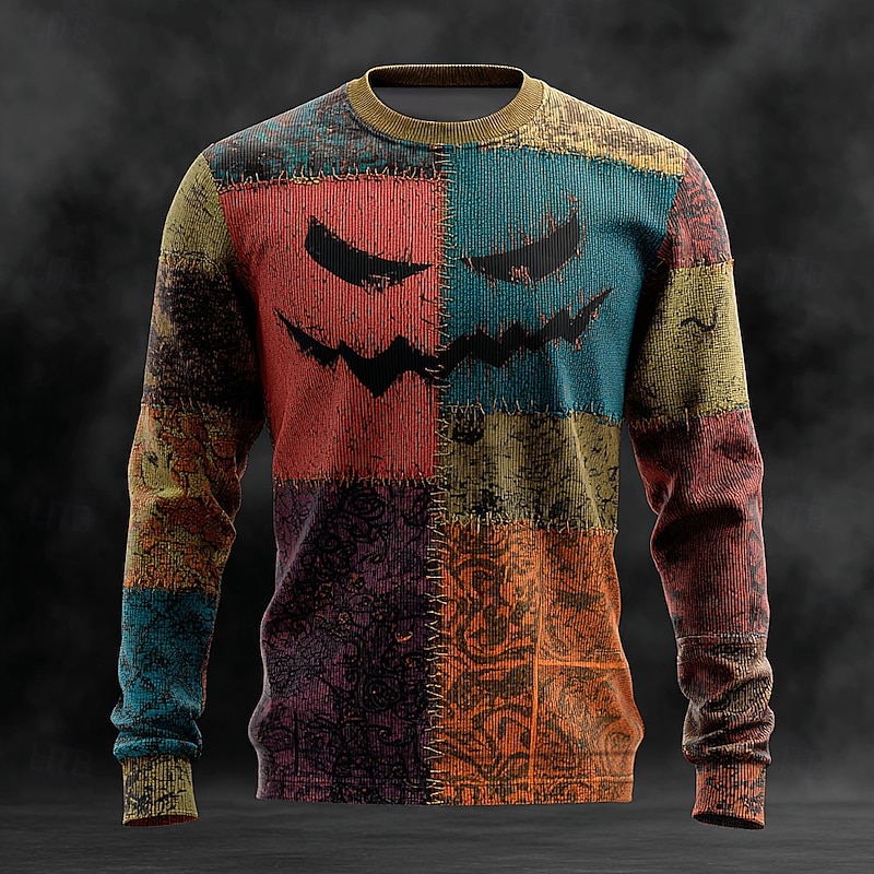 Halloween Men's Color Block Pullover Sweater Jumper Knitwear Crewneck Casual Vacation Daily Festival 3D Print Keep Warm Long Sleeve Spring Fall Winter Blue Brown Green