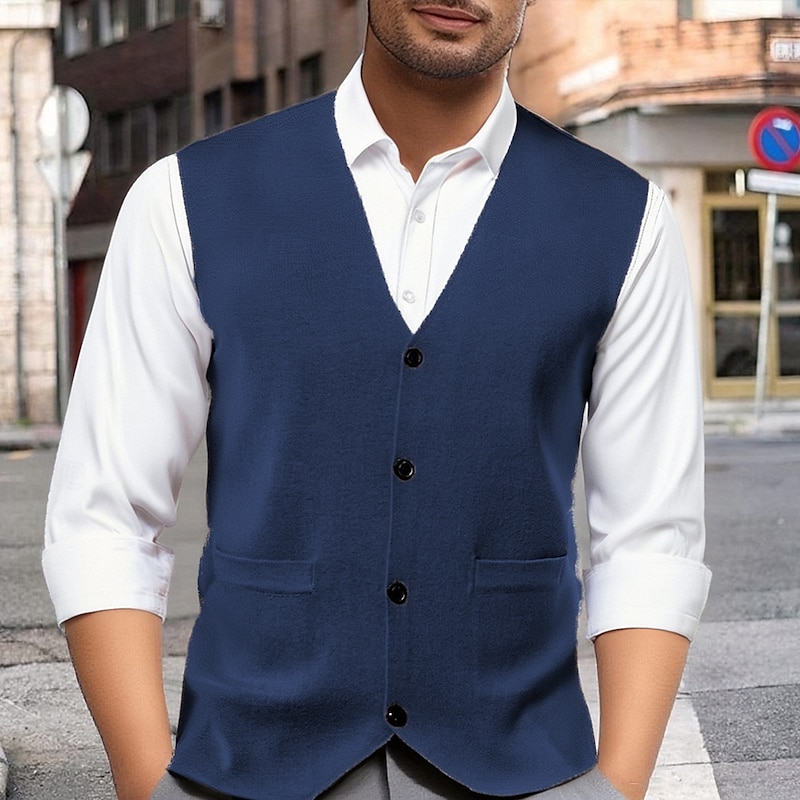 Men's Sweater Vest Dress Sweater Vest Knitwear Cardigan Vest Ribbed Knit Regular Tops Pocket Buttons Plain V Neck Fashion Classic Vacation Daily Wear Clothing Apparel Fall Winter Black Red S M L4