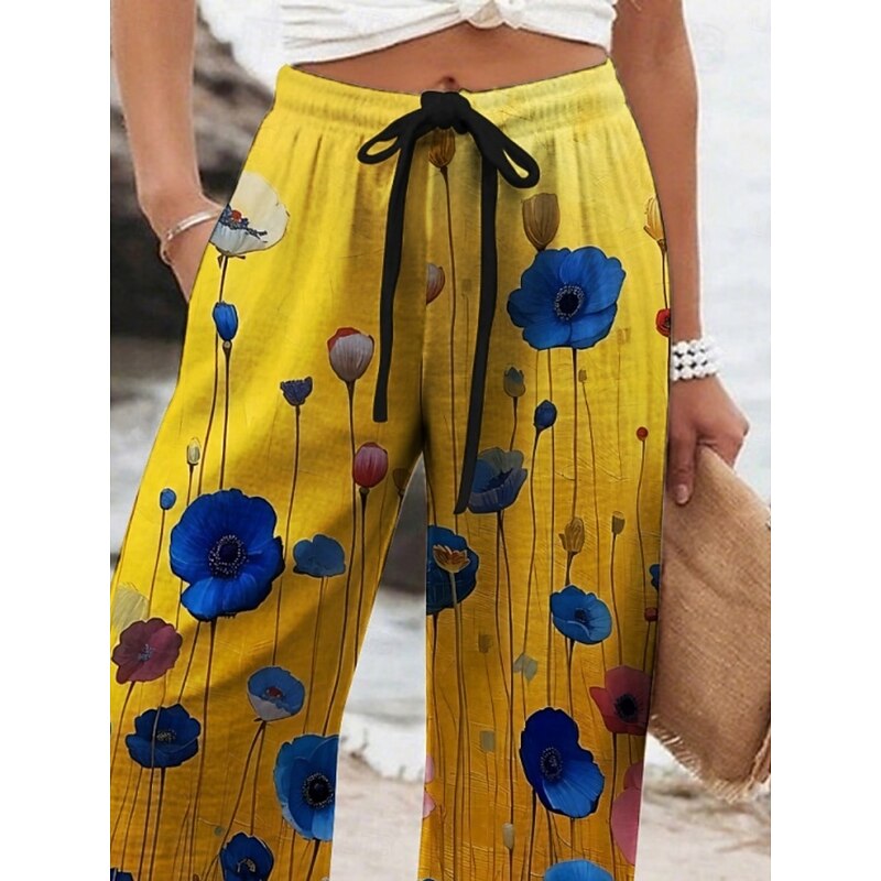 Women's Wide Leg Pants Trousers Vacation Casual Long High Waist Floral Elastic Waist Printing High Cut Breathability Soft Micro-elastic Vacation Street Daily Wear Yellow Spring Fall Regular Fit2