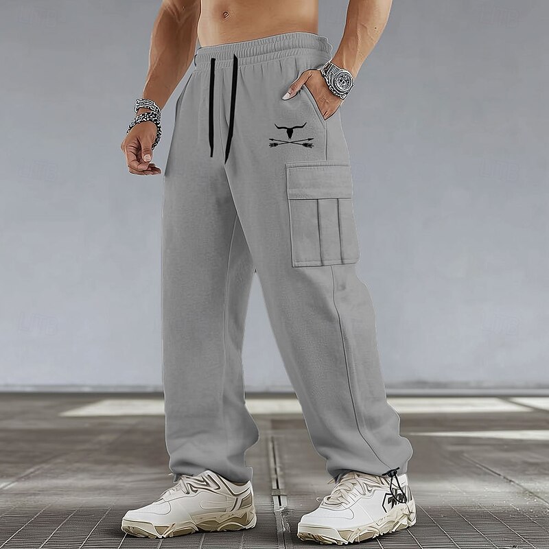 Men's Cow Print Cargo Sweatpants Joggers Casual Pants Mid Waist Casual Athletic Hiking Workout Elastic Drawstring Waist Open Bottom Tactical Pants with Pockets Spring Fall 3D Print Black White Brown3