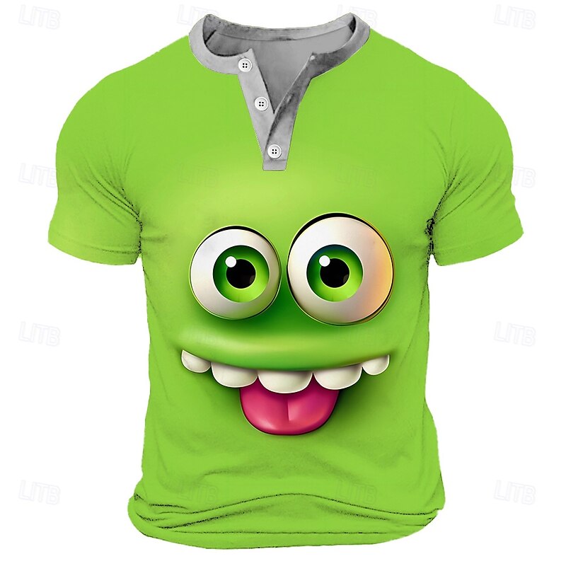 Men's Cartoon Human face T Shirt Henley Shirt Short Sleeve Designer Retro Vintage Casual Street Casual Daily Summer Spring Black Blue Green Red Henley Henley T-Shirt4