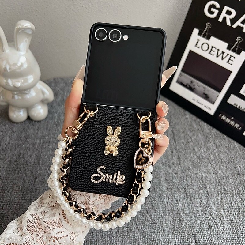 Phone Case For Samsung Galaxy Z Flip 7 Z Flip 6 Z Flip 5 Z Flip 4 Back Cover with Wrist Strap Shockproof Rabbit PC3
