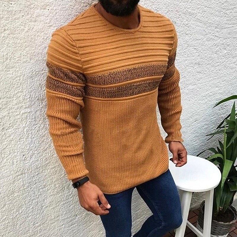 Men's Sweater Pullover Sweater Jumper Ribbed Knit Regular Tops Knitted Slim Fit Plain Crew Neck Knitwear Contemporary Casual Daily Wear Clothing Apparel Spring Fall Natural yellow Black S M L2