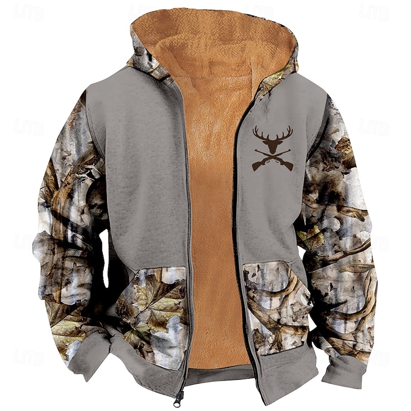 Men's Camo Camouflage Deer Fleece Hoodie Jacket Classic Military Crew Neck Outdoor Camping Khaki Army Green Zip Up Fall Winter Designer3