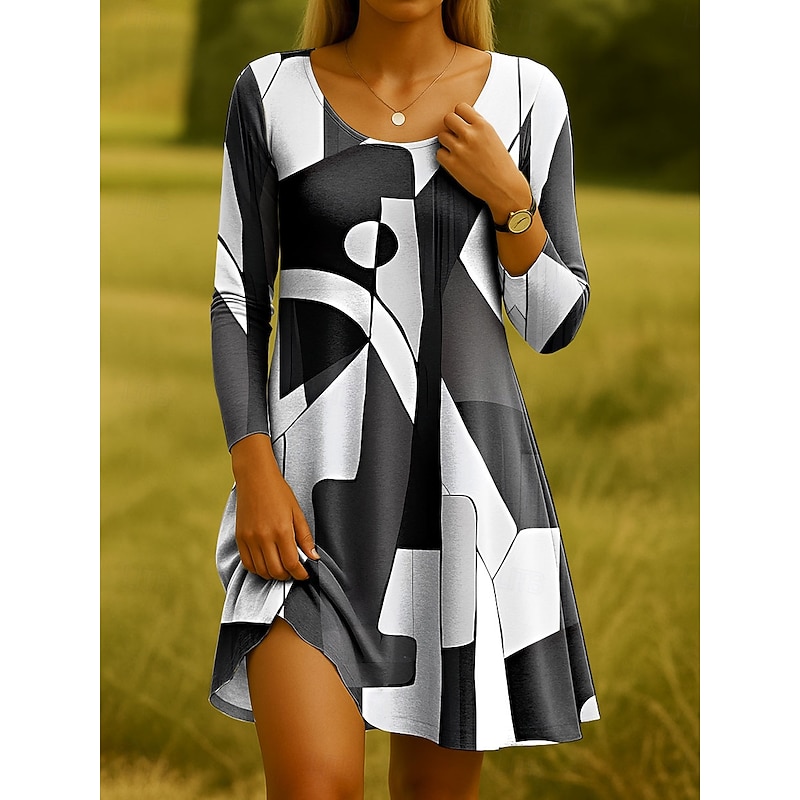 Women's Mini Dress Crew Neck Long Sleeve Casual Dress T Shirt Dress Tee Dress A Line Dress Casual Regular Fit Graphic Geometric Abstract Blue Purple Green Gray Fall Winter