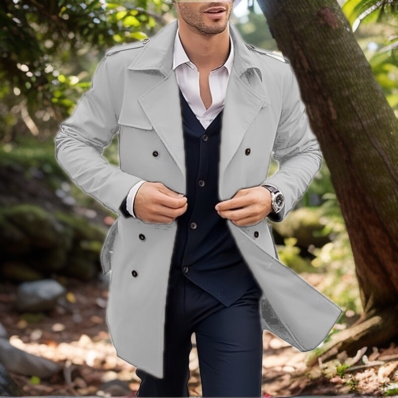 Men's Peacoat Trench Coat Vacation Daily Fall Winter Polyester Windproof Warm Outerwear Clothing Apparel Fashion Classic Plain Pocket Lapel Double Breasted