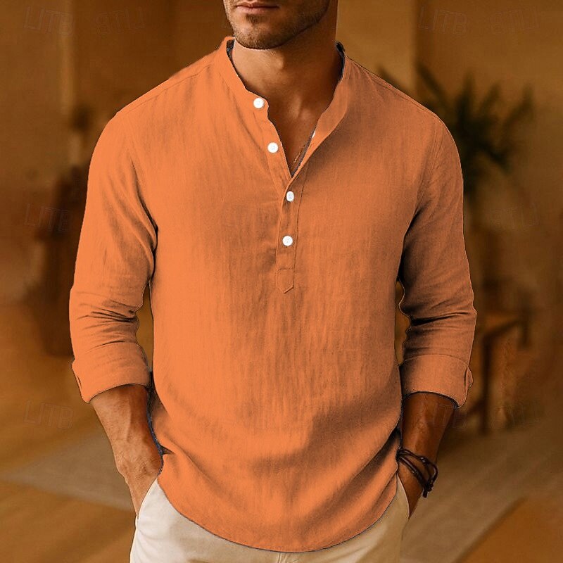 Men's Shirt Linen Shirt Popover Shirt Casual Shirt Cotton Shirt Plain Vacation Hawaiian Black White Pink Orange Long Sleeve Band Collar Spring Fall Clothing Apparel4