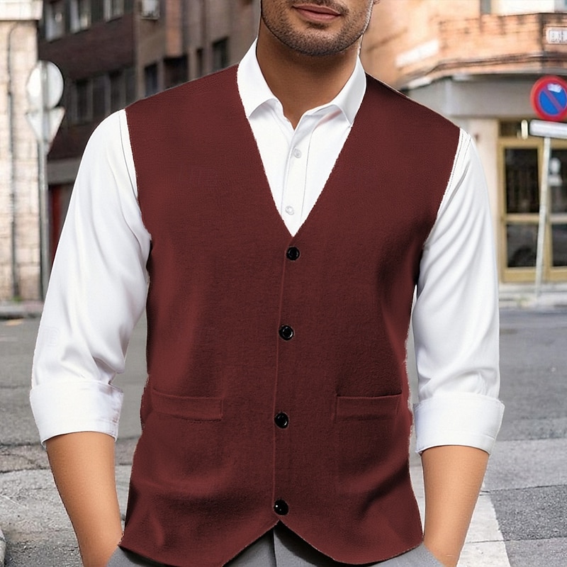 Men's Sweater Vest Dress Sweater Vest Knitwear Cardigan Vest Ribbed Knit Regular Tops Pocket Buttons Plain V Neck Fashion Classic Vacation Daily Wear Clothing Apparel Fall Winter Black Red S M L3
