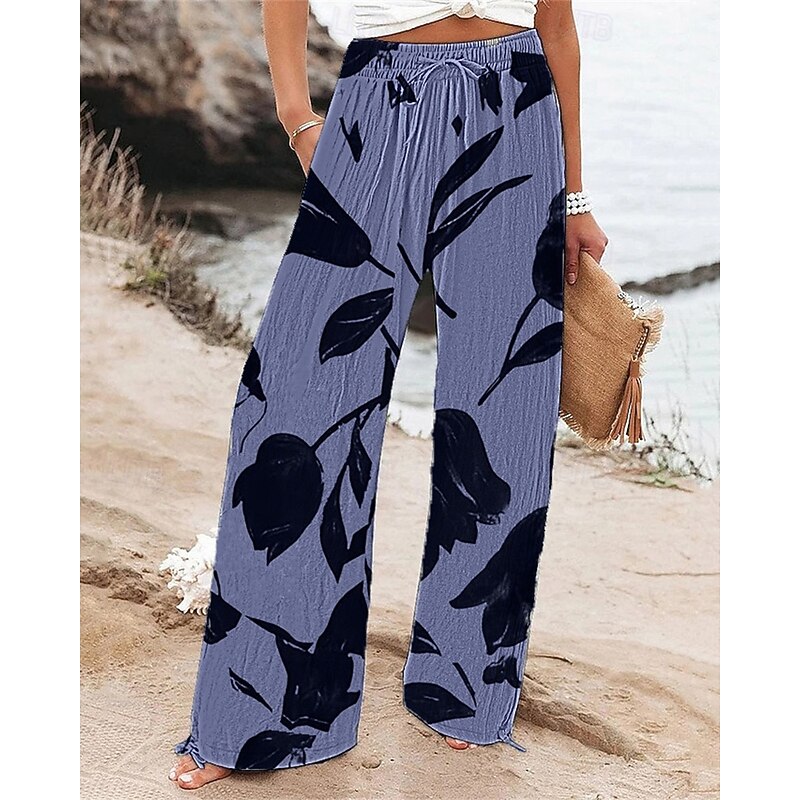 Women's Wide Leg Pants Trousers Palazzo Pants Fashion Boho Full Length High Waist Flower Drawstring Elastic Waist Print Breathability Comfortable Street Daily Wear Going out White Pink Blue Spring3