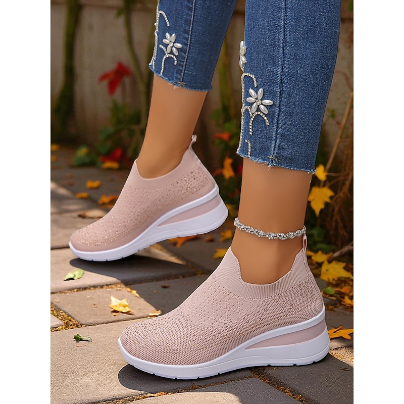 Women's Pink Rhinestone Flyknit Slip-On Sneakers – Breathable Lightweight Wedge Shoes for Walking, Fitness and Casual Everyday Wear3