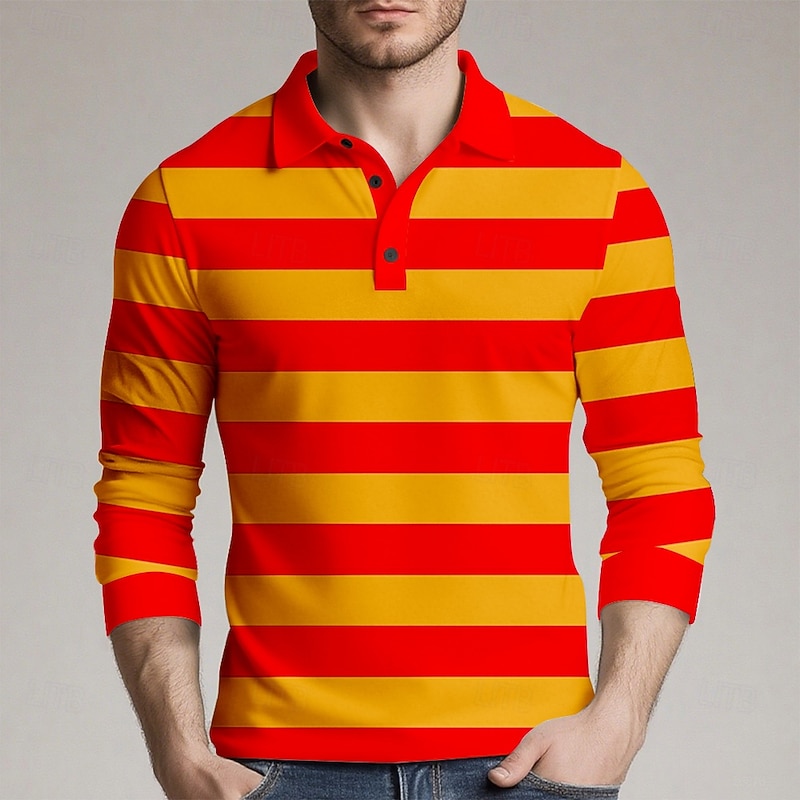 Men's Horizontal Stripes Rugby Polo Long Sleeve Polo Shirts Collared Shirts Sportswear Casual School Outdoor Athleisure 3D Print Spring Fall Winter Black Red Orange3
