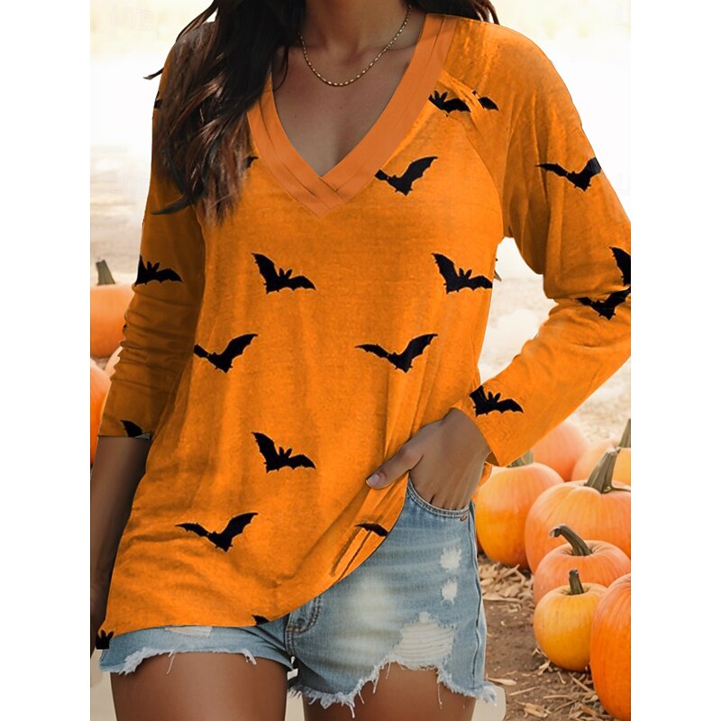Halloween Women's T shirt Bat Long Sleeve V Neck Long Sleeve Graphic Casual Vintage Regular Tops Daily Print Black Yellow Purple Orange Brown Spring Fall Prefall3