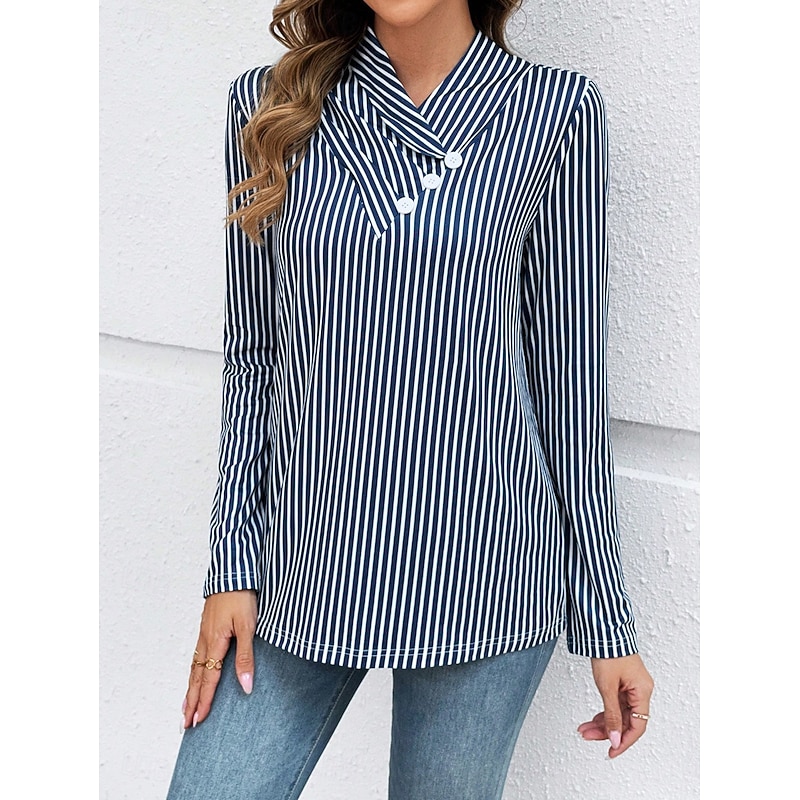 Women's T Shirt Graphic Striped Vintage Stylish Casual Long Sleeve V Neck Regular Tops Daily Weekend Buttons Print Navy Blue Fall Winter