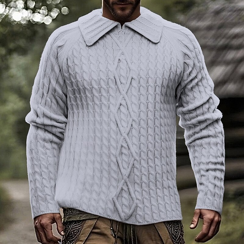 Men's Pullover Sweater Jumper Knit Sweater Cable Knit Regular Tops Knitted Plain Lapel Fashion Basic Vacation Daily Wear Clothing Apparel Fall Winter Wine Black S M L2