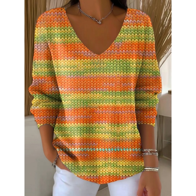 Women's Sweater Casual Soft Floral Ribbed V Neck Knitted Print Long Sleeve Regular Tops Knit Outdoor Daily Weekend Yellow Orange Fall Winter4