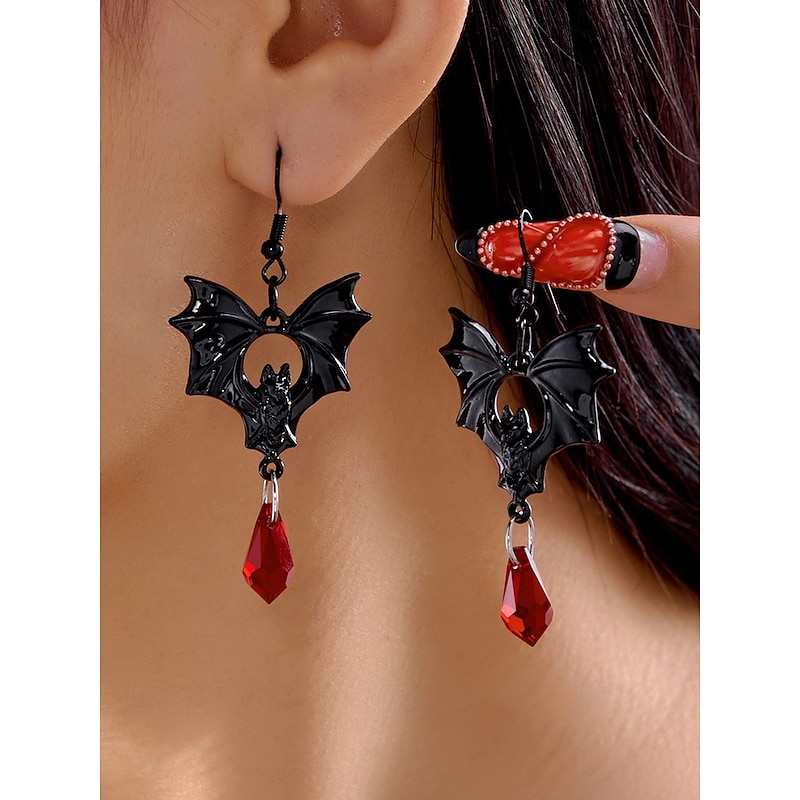Women's Gothic Bat Earrings with Crystal Drop – Black and Silver Bat Design, Perfect for Halloween Parties and Costume Events