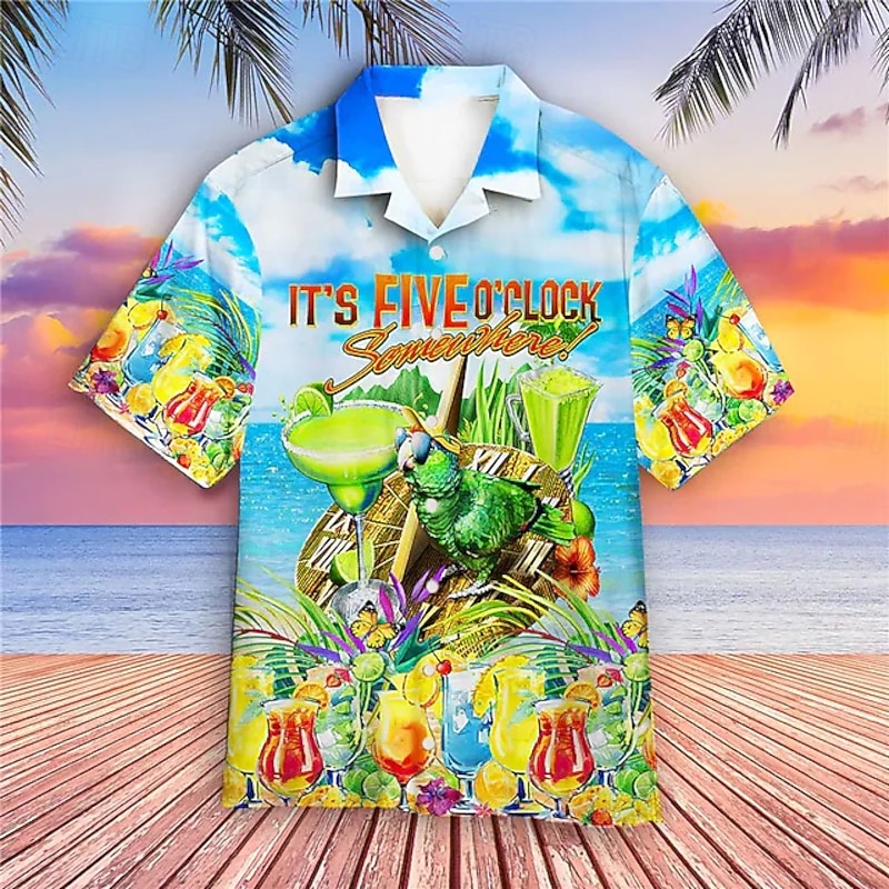 Men's Letter Parrot Beach Shirt Summer Hawaiian Shirt Aloha Shirt Short Sleeve Shirt Turndown Tropical Fashion Hawaiian Casual Hawaiian Holiday White Blue Sky Blue S M L2