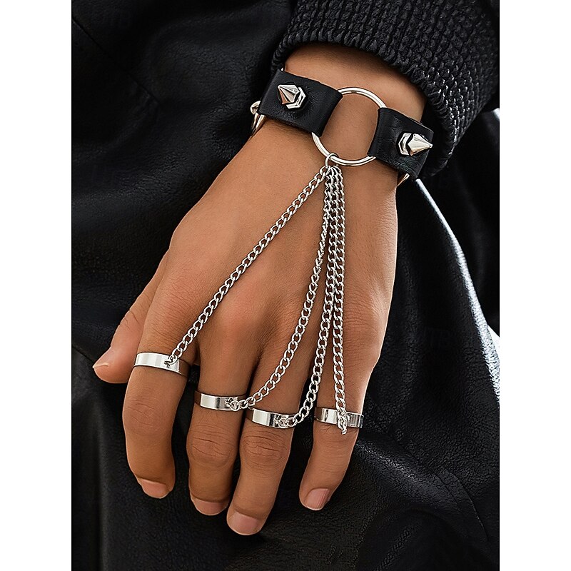 Men's Halloween Gothic Hand Strap Bracelet - Faux Leather Spiked Bracelet and Layered Chain, Adjustable Alloy Punk Rock Jewelry for Cosplay, Masquerade Parties, Concerts and Night Out4