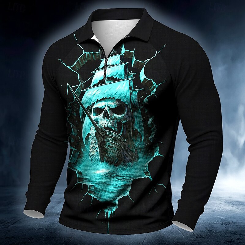 Day of the Dead Men's Haunted Pirate Ship Polo Long Sleeve Polo Shirts Casual Dark Outdoor Street Daily Wear 3D Print Quarter Zip Polo Spring Fall Winter Lake blue Red Blue2