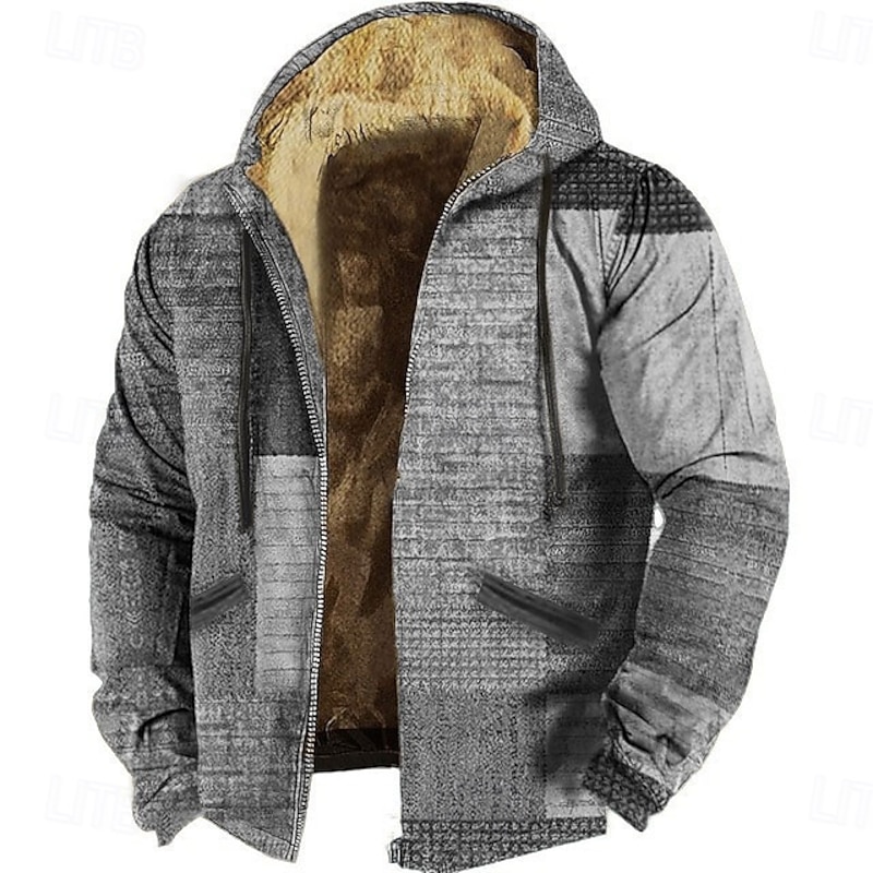 Men's Geometric Color Block Patchwork Fleece Hoodie Sweatshirt Vintage Retro Long Sleeve Crew Neck Outdoor Streetwear Navy Blue Blue Drawstring Fall Winter Designer4