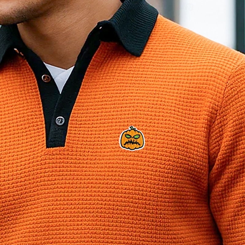Men's Waffle Polo Shirts Polo Shirts Vacation Casual Ribbed Polo Collar Long Sleeve Fashion Pumpkin Color Block Buttons Fall Spring &  Fall Regular Fit Orange / Black Waffle Polo Shirts2
