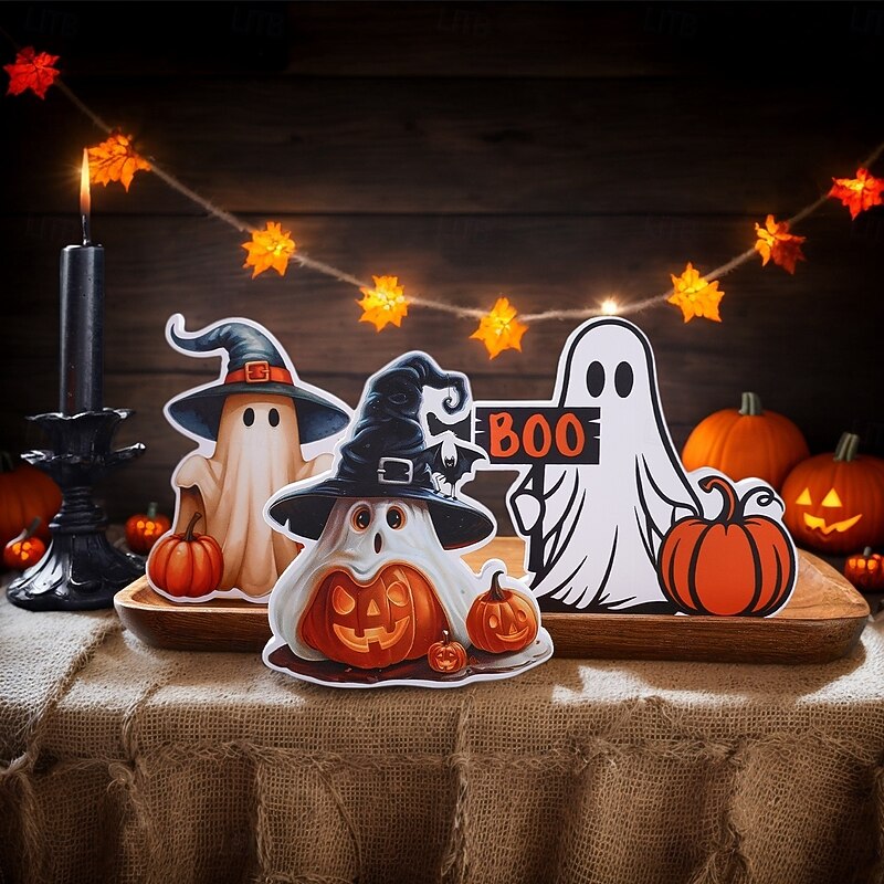 3PCS Halloween Decor Foam Board Ghost and Pumpkin Shape Home Tabletop Decorations Spooky Indoor Craft Ornaments for Halloween Atmosphere3