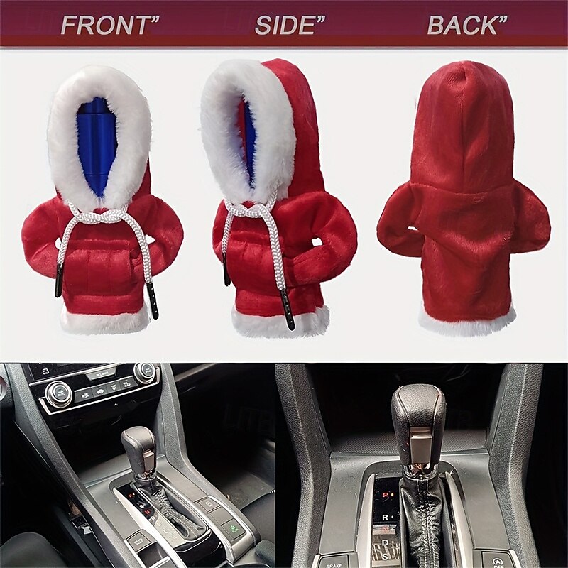 1pc Festive Christmas Santa Claus Hoodie Car Gear Shift Knob Cover Polyester Fiber Dustproof Gaiter Unique Stylish Auto Interior Accessory Universal Fit for Various Vehicles2