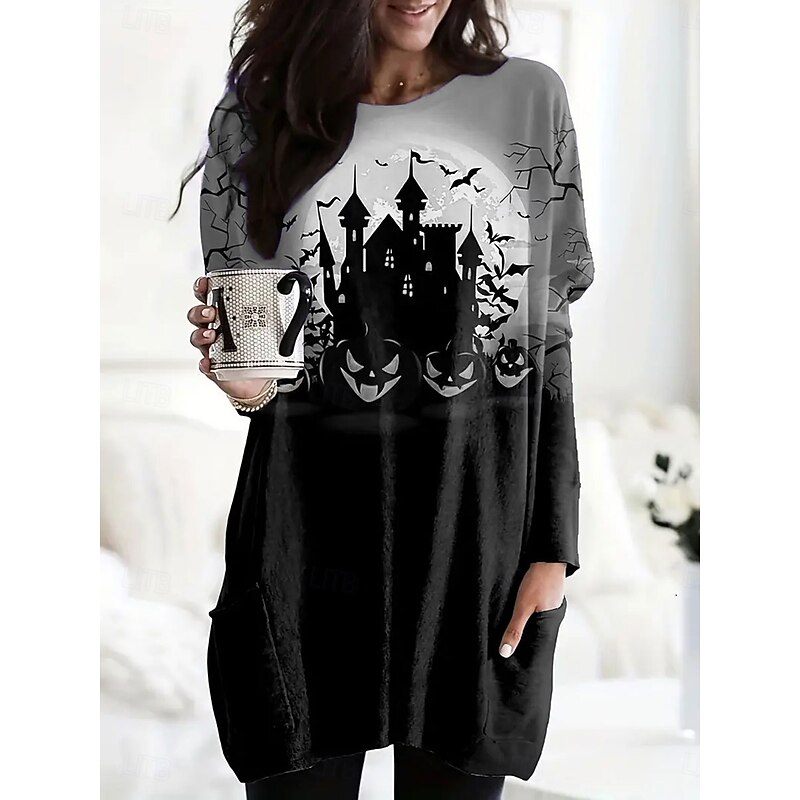 Halloween Women's T shirt Witch Graphic Pumpkin Fashion Long Sleeve Crew Neck Round Neck Long Tops Daily Going out Weekend Pocket Print Blue Purple Green Gray Spring Fall4