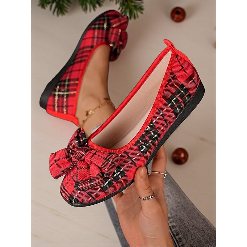 Women's Red Plaid Flats with Big Bow – Casual Christmas Style Ballet Shoes for Parties, Shopping and Everyday Outfits