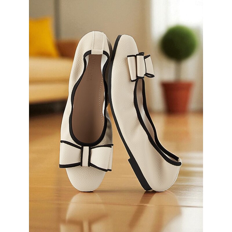 Women's Cream Faux Leather Ballet Flats - Round Toe Slip-On Shoes with Black Trim and Bow Accent, Comfortable Footwear for Casual, Office and Everyday Wear4