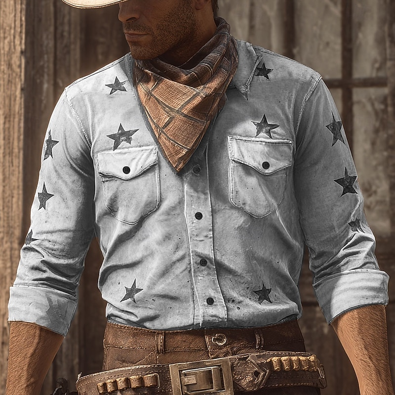 Men's Geometric Stars Shirt Western Shirt Cowboy Shirt Long Sleeve Vintage Retro Outdoor Casual WorkWear Spring Fall Turndown Front Two Pockets Linen Like Shirt Button Up Shirts Blue Green Khaki3