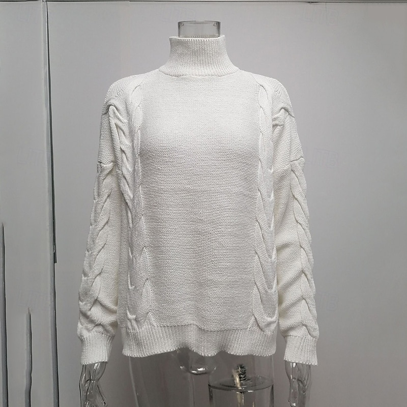 Women's Sweater Fashion Solid Color Ribbed Turtleneck Knitted Long Sleeve Regular Tops Knit Holiday Going out Weekend Black White Fall2