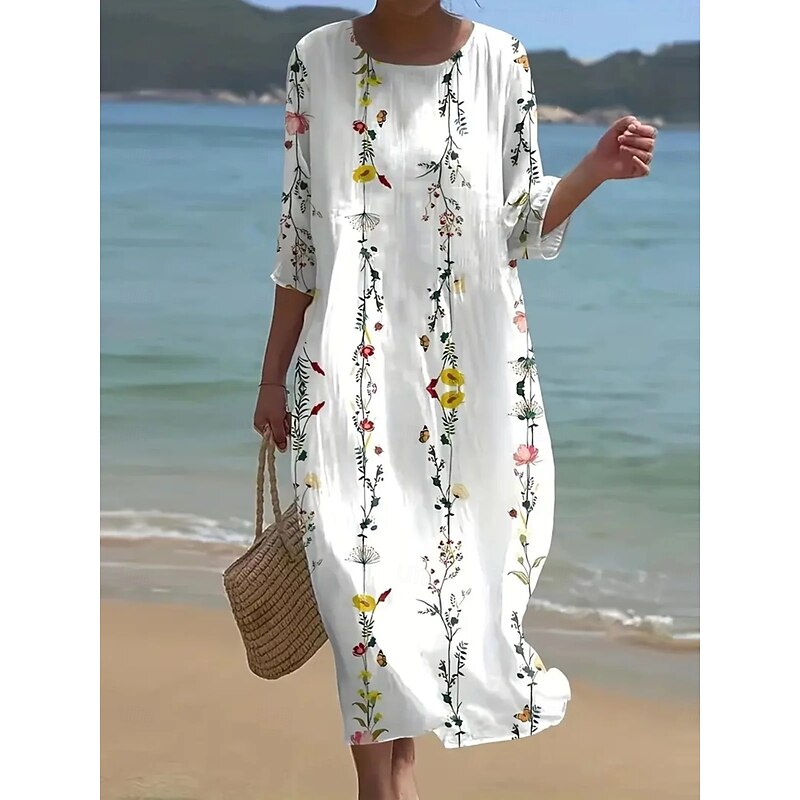 Women's Maxi Dress Boho Crew Neck  3/4 Length Sleeve Shift Dress A Line Dress Casual Daily Date Floral GraphicWhite pring