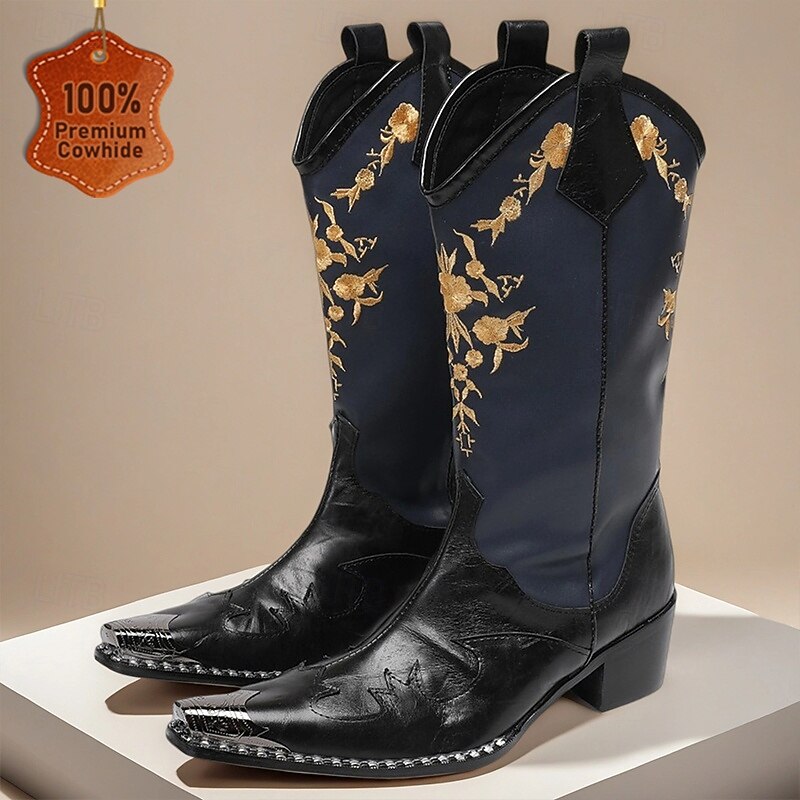 Men's Navy and Black Cowboy Boots with Gold Embroidery – Elegant Western Boots for Stage Performances, Country Celebrations and Themed Parties