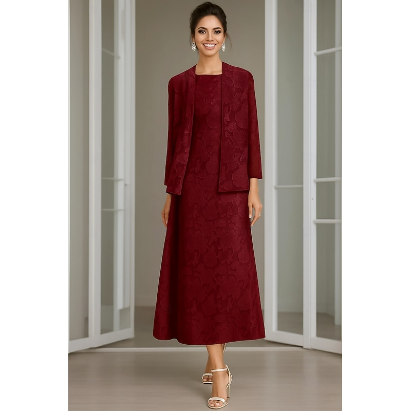 Blue Pink Two Piece A-Line Dress Sets Mother of the Bride Dress Elegant Crew Neck Ankle Length Chiffon Lace Long Sleeve with Solid Color2