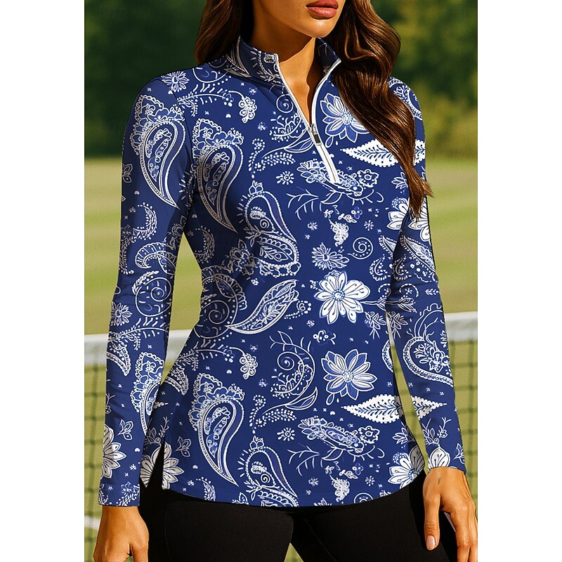 Women's Boho Tops Golf Polo Shirt Tennis Shirt Long Sleeve Print Quarter Zip Pullover UV Protection Elastic Breathable Tennis Golf Pickleball Zip Collar Shirt Polo Blue and White Tennis Clothing