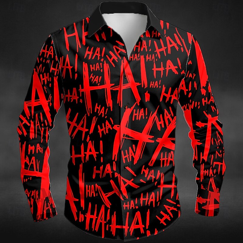 Halloween Men's Creepy Lettering Letter Printed Halloween Costumes Shirt Button Up Shirt Long Sleeve Dark Punk Gothic Style Outdoor Holiday Summer Spring Turndown 3D Print Collared Shirts Black