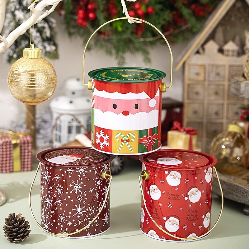 Christmas Cookie Tins with Lids for Gift Giving Xmas Tin Containers Red Round Handled Metal Storage Box with Lid Holiday Cookie Biscuit Packaging Gift Box Party Favor Accessory3