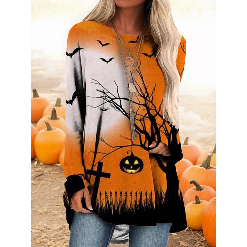 Halloween Women's T shirt Pumpkin Long Sleeve Graphic Vintage Casual Long Sleeve Crew Neck Regular Tops Daily Print Black White Yellow Orange Spring Fall Prefall2