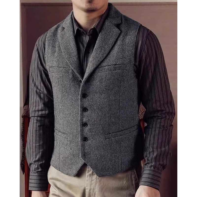Men's Vest Waistcoat Gilet Vacation Party Business Fashion Casual Spring Fall Pocket Buttons Polyester Comfortable Plain Single Breasted One-button Lapel Regular Fit Khaki Gray Vest3