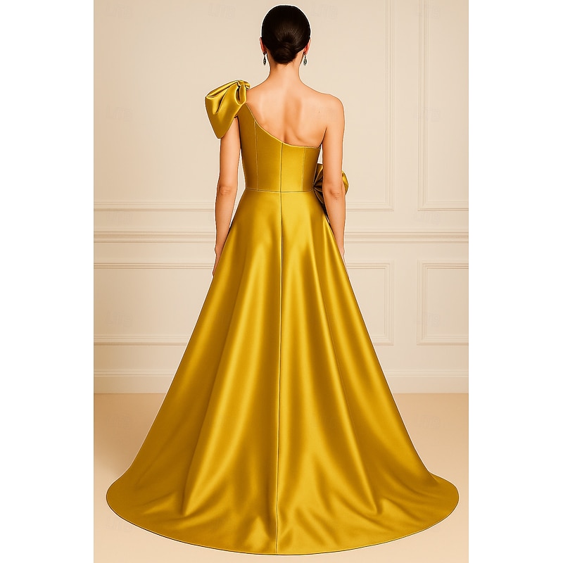 A-Line Evening Gown Elegant Dress Formal Wedding Floor Length Sleeveless One Shoulder Pocket Satin with Pleats Shouder Flower2