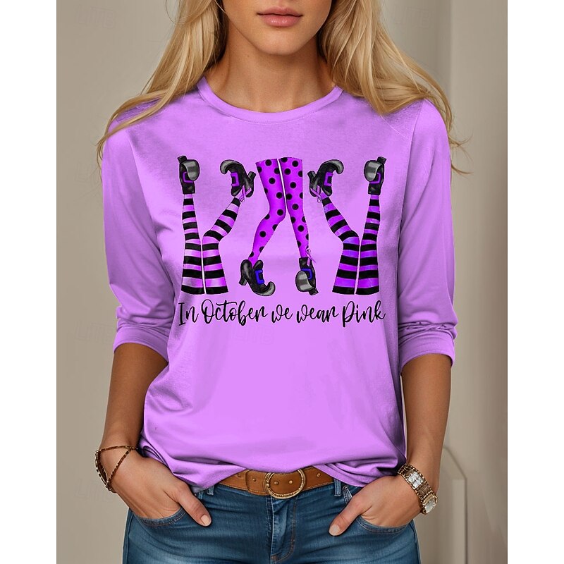 Halloween Women's T shirt Witch Graphic Letter Vintage Fashion Stylish Long Sleeve Crew Neck Round Neck Regular Tops Daily Weekend Print Pink Blue Purple Green Spring Fall Winter2
