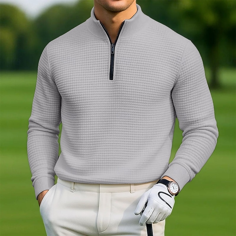 Men's Waffle Polo Shirts Sports Outdoor Casual Standing Collar Quarter Zip Long Sleeve Fashion Modern Solid Color Textured Knitted Spring &  Fall All Seasons Black White Blue Grey Waffle Polo Shirts
