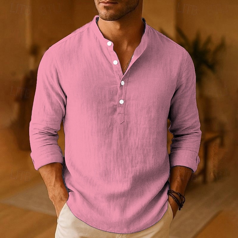 Men's Shirt Linen Shirt Popover Shirt Casual Shirt Cotton Shirt Plain Vacation Hawaiian Black White Pink Orange Long Sleeve Band Collar Spring Fall Clothing Apparel